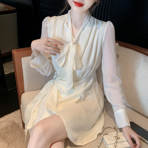 RM2759#新款连衣裙韩版甜美淑女长袖V领雪纺裙