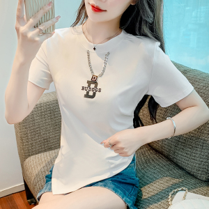 RM5601#夏季洋气圆领链条字母印花短袖T恤女修身不规则上衣