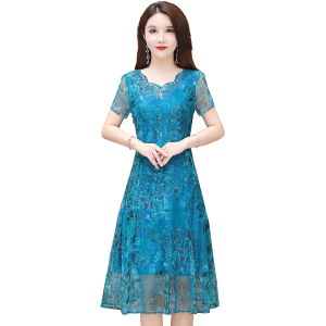 RY1640#蓝色夏季短袖连衣裙大码修身显瘦气质中长裙款