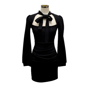RM4556#设计感系带蝴蝶结镂空方领性感包臀连衣裙小黑裙