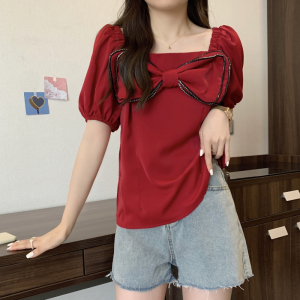 RM5367#新款胖mm上衣女法式别致设计感方领泡泡袖雪纺小衫