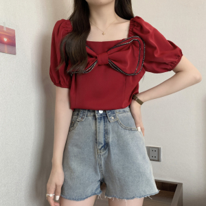 RM5367#新款胖mm上衣女法式别致设计感方领泡泡袖雪纺小衫