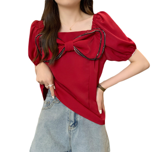 RM5367#新款胖mm上衣女法式别致设计感方领泡泡袖雪纺小衫