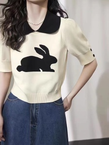 RM1775#娃娃领兔子短袖2023春夏新款泡泡袖短款设计感小众针织T恤女上衣