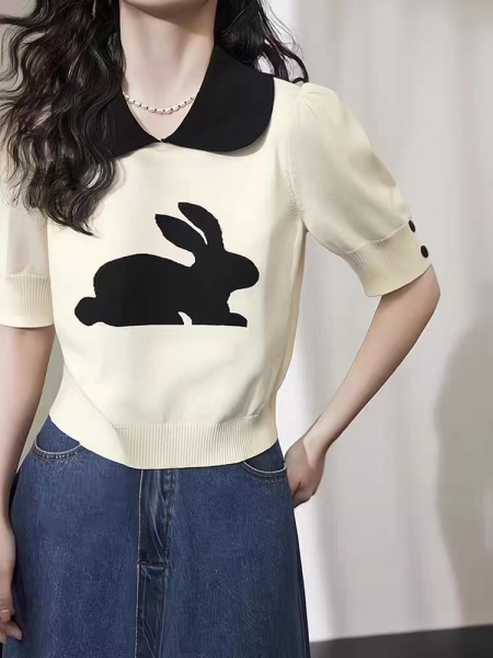 RM1775#娃娃领兔子短袖2023春夏新款泡泡袖短款设计感小众针织T恤女...