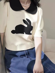 RM1775#娃娃领兔子短袖2023春夏新款泡泡袖短款设计感小众针织T恤女上衣