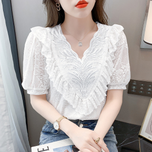 RM2585#超仙法式V领拼接短袖设计感小众甜美减龄蕾丝上衣