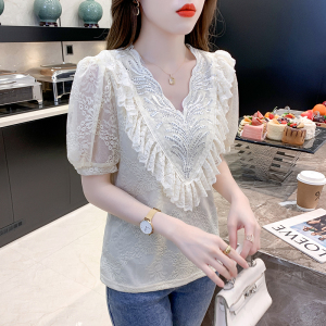 RM2585#超仙法式V领拼接短袖设计感小众甜美减龄蕾丝上衣