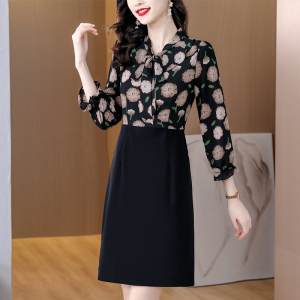 RM4060#春季新款时尚大码印花雪纺连衣裙拼接气质显瘦妈妈装裙子