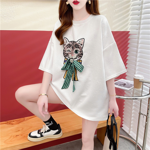 RM1878#韩版宽松刺绣卡通大码女装短袖T恤女
