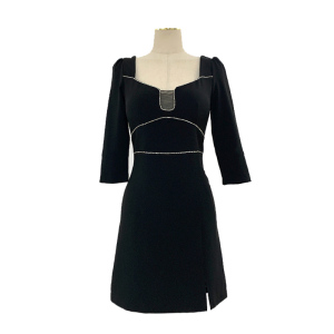 RM4557#黑色赫本风钻链开叉方v领性感法式高腰A字小黑裙短款连衣裙