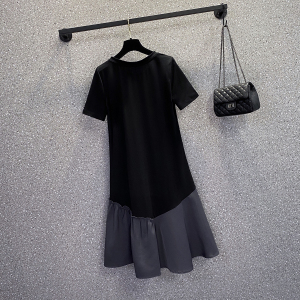 RM8035#夏季新款胖MM大码女装休闲圆领撞色拼接不规则设计连衣裙