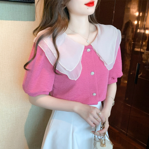 RM18515#夏季新款时尚洋气网纱拼接娃娃领韩系减龄衬衫女上衣
