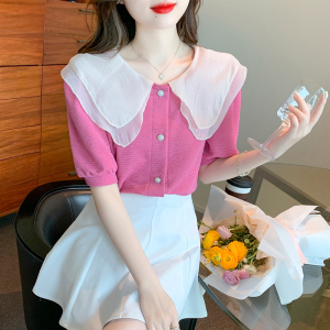 RM18515#夏季新款时尚洋气网纱拼接娃娃领韩系减龄衬衫女上衣
