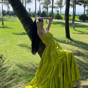 TR16021# 春装连衣裙高级设计感小众复古法式茶歇褶皱镂空气质吊带长裙女