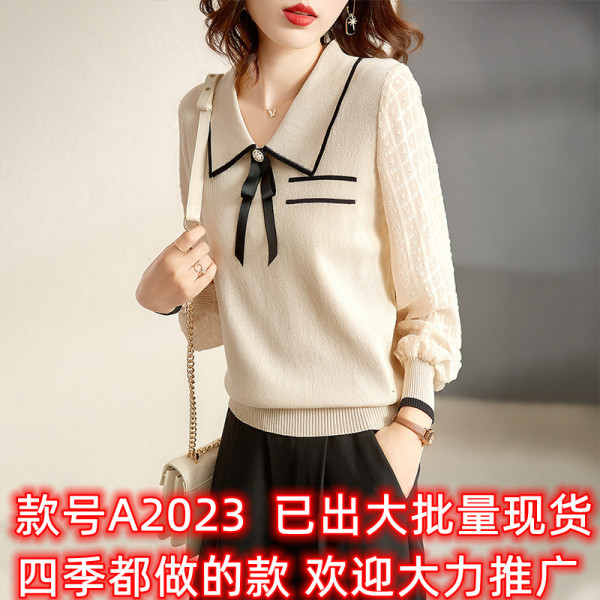 RM2600#春夏新款减龄娃娃领拼接雪纺长袖毛针织衫女设计感上衣
