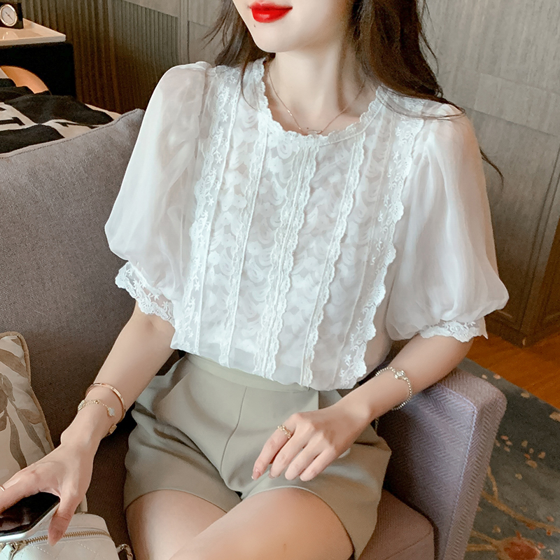 實拍2026新款夏裝百搭拼接短袖襯衫女上衣夏
