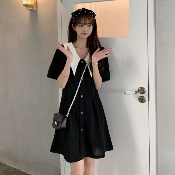 RM4344#夏季新款大码娃娃领黑色裙子收腰气质短袖连衣裙 M-4XL20...