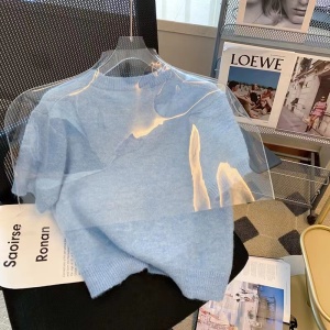 RM5802#蓝色立体花朵短袖毛衣女 夏新款学院风减龄小个子短款针织上衣