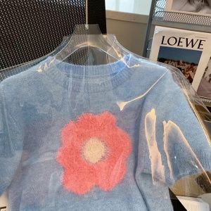 RM5802#蓝色立体花朵短袖毛衣女 夏新款学院风减龄小个子短款针织上衣