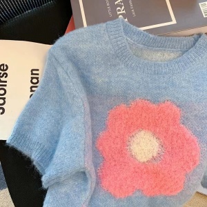 RM5802#蓝色立体花朵短袖毛衣女 夏新款学院风减龄小个子短款针织上衣