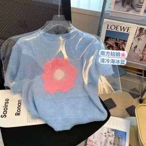RM5802#蓝色立体花朵短袖毛衣女 夏新款学院风减龄小个子短款针织上衣