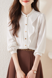RM1826#宽松圆领长袖衬衫女荷叶边白色软缎雪纺休闲设计感上衣