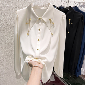 RM1827#新款法式气质显瘦纯色翻领链条钉珠长袖雪纺衬衫女秋季上衣