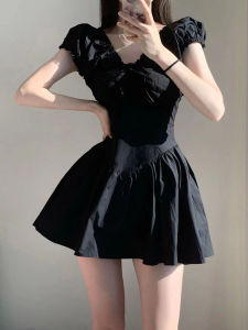 TR28292# 法式黑色褶皱连衣裙女夏季高级感收腰显瘦甜美仙女公主裙子