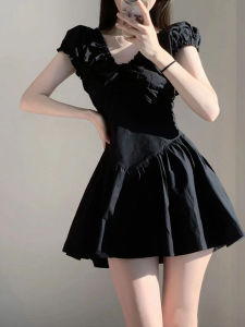 TR28292# 法式黑色褶皱连衣裙女夏季高级感收腰显瘦甜美仙女公主裙子
