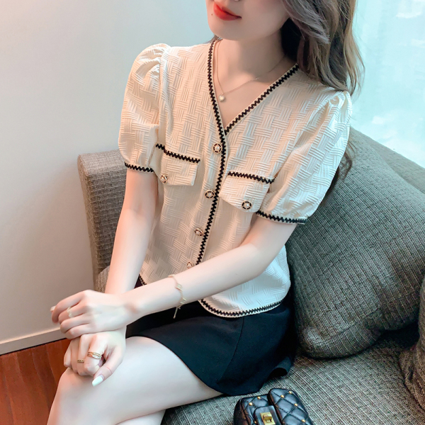 RM15377#小香风短袖衬衫女夏季设计感小众法式高级感短款V领时尚洋气上...