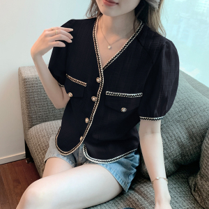 RM15377#小香风短袖衬衫女夏季设计感小众法式高级感短款V领时尚洋气上衣