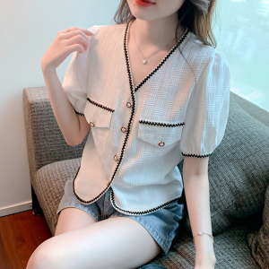 RM15377#小香风短袖衬衫女夏季设计感小众法式高级感短款V领时尚洋气上衣