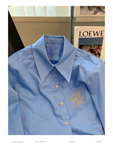 RM1828#蓝色金属扣刺绣polo领衬衫女 新款高级感宽松休闲气质衬衣