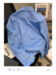 RM1828#蓝色金属扣刺绣polo领衬衫女 新款高级感宽松休闲气质衬衣