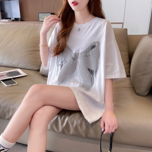 RM1885#纯棉后包领中长款发泡印花短袖T恤女