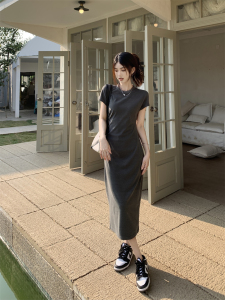RM2011#韩版气质圆领中长款修身显瘦连肩袖包臀连衣裙
