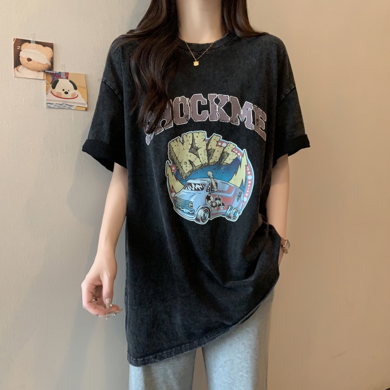 Real shot 2024 spring and summer new style 100% cotton 220g pure cotton washed and distressed loose short-sleeved T-shirt for women loose