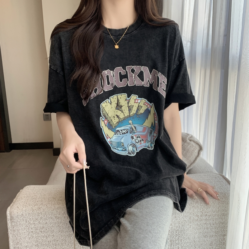 Real shot 2024 spring and summer new style 100% cotton 220g pure cotton washed and distressed loose short-sleeved T-shirt for women loose