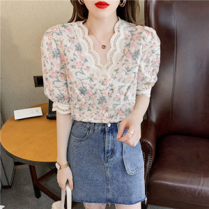 RM18565#夏季新品韩版气质提花V领甜美短袖蕾丝花边衬衫女上衣