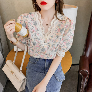 RM18565#夏季新品韩版气质提花V领甜美短袖蕾丝花边衬衫女上衣
