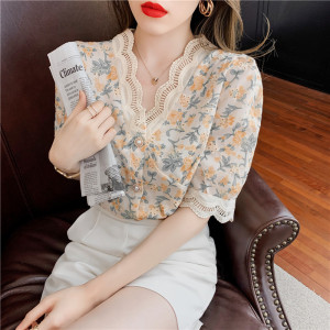 RM18565#夏季新品韩版气质提花V领甜美短袖蕾丝花边衬衫女上衣
