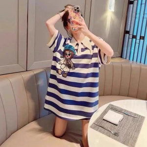 TR12967# 韩国东大门夏季新款蓝白条纹可爱少女刺绣不规则小翻领连衣裙 服装批发女装服饰货源