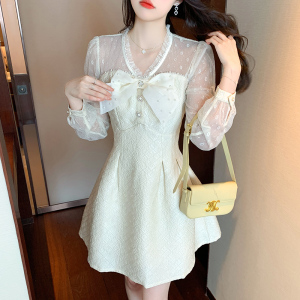 RM4581#法式小香风连衣裙春装2023新款女小个子气质名媛高级感长袖白裙子