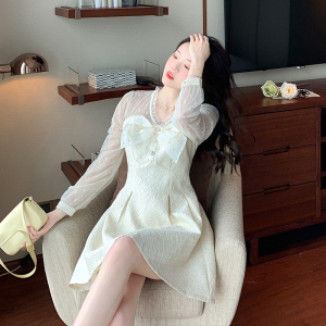 RM4581#法式小香风连衣裙春装2023新款女小个子气质名媛高级感长袖白裙子