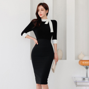 RM4558#新款法式赫本风高级感撞色小黑裙气质名媛修身包臀连衣裙