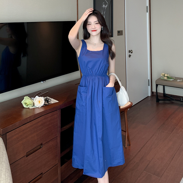 RM13235#复古蓝色吊带连衣裙收腰显瘦泰国旅游穿搭三亚海边度假沙滩裙