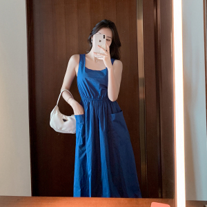 TR13929# 蓝色吊带连衣裙收腰显瘦泰国旅游三亚海边度假沙滩裙夏 服装批发女装直播货源