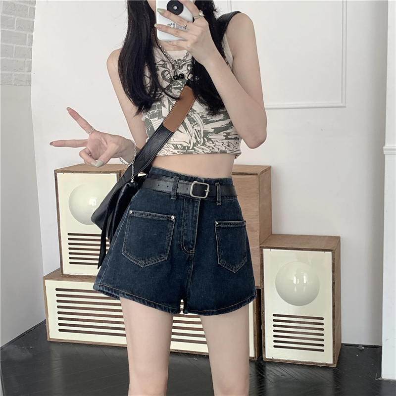 Actual shot and real price~New design high-waisted slimming and versatile wide-leg A-line denim shorts