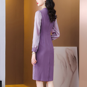 RM5455#新款名媛气质显瘦高端重工钉珠流光缎拼接紫色连衣裙女